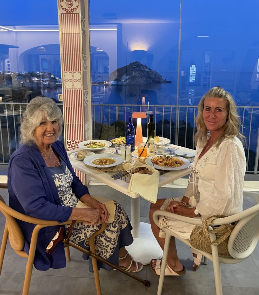 Me and my mum at the hotel restaurant where we'll be staying for our yoga retreat holiday in Italy